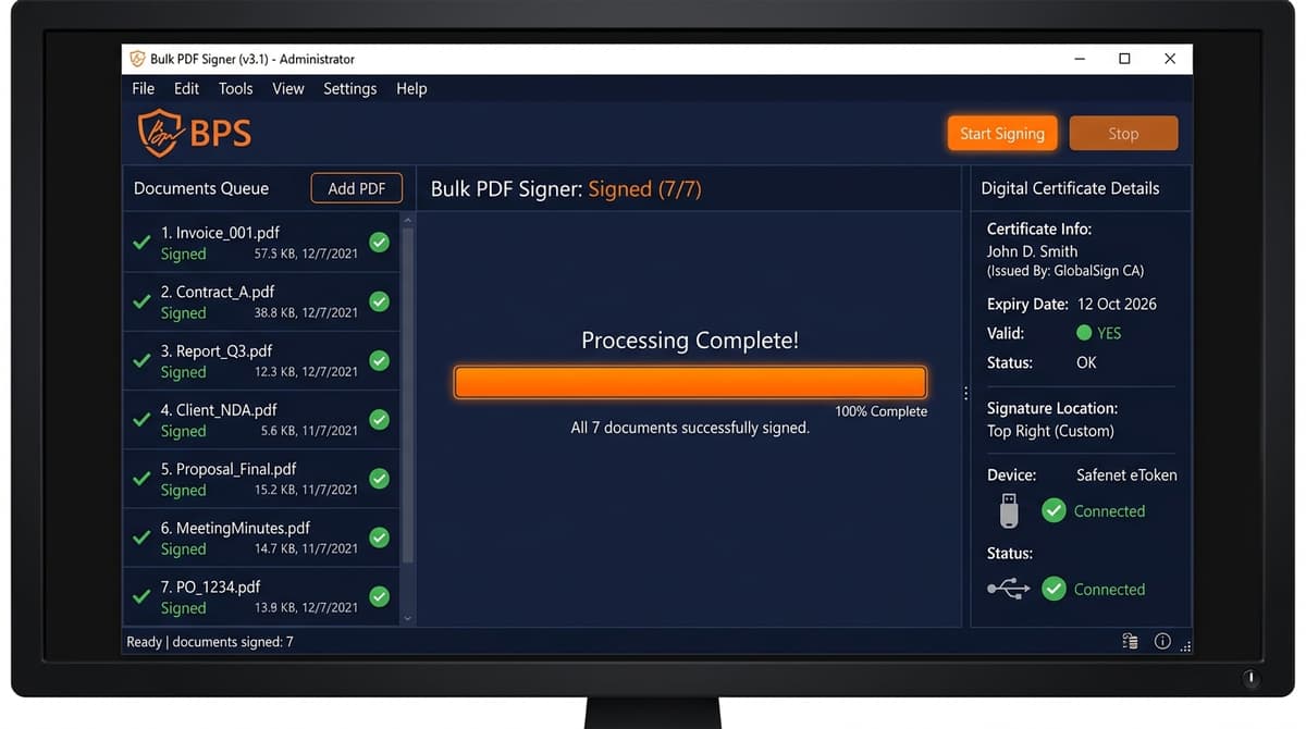 Sukirthi Bulk PDF Signer — illustrative UI mockup showing document queue and signing progress